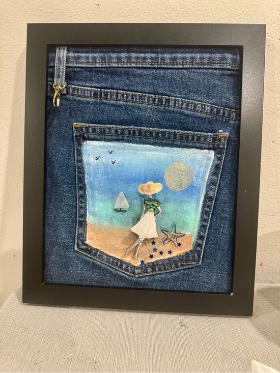Hand Crafted Other - Hand Crafted Blue Denim Coastal Pocket Mixed Media Art